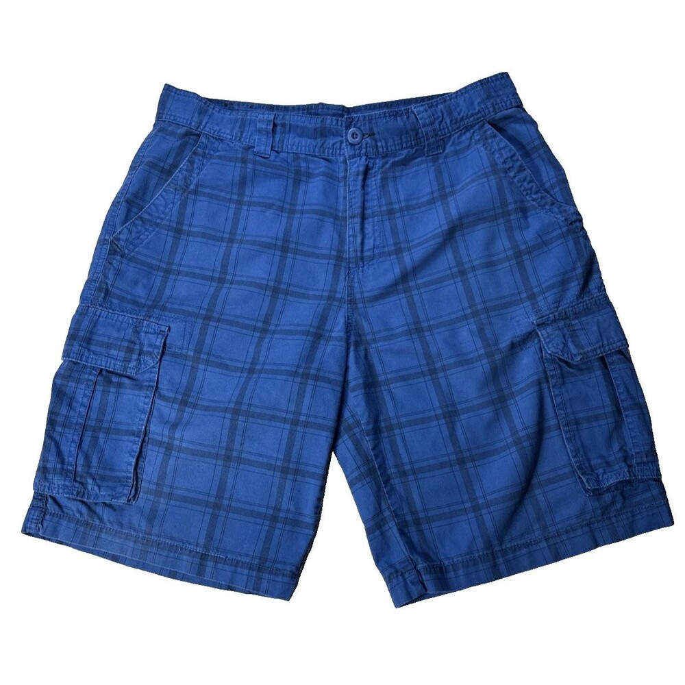 Carbon Blue Men’s Cargo Shorts Size 34 Blue Black Plaid Cotton Comfort Fit